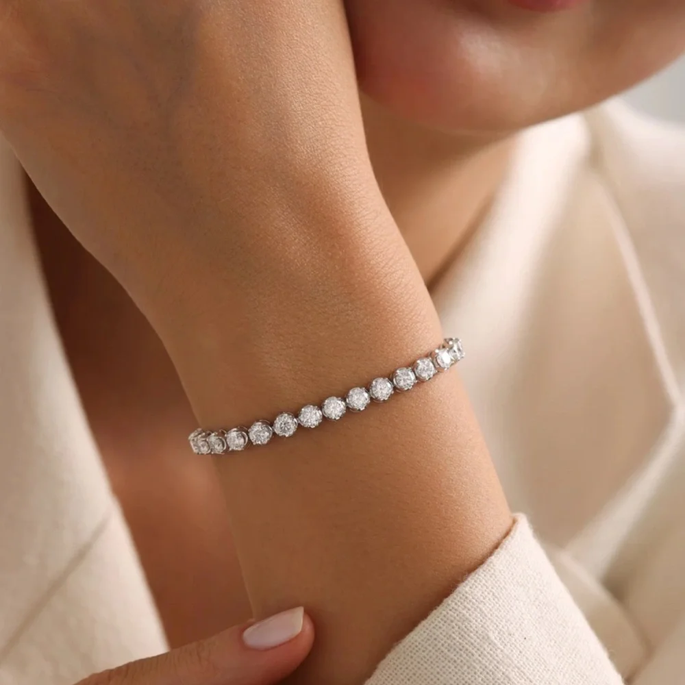 Platinum Plated Tennis Bracelet High Polish Statement Dainty Real Crystal